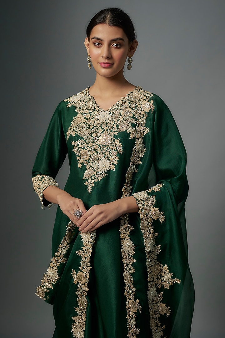 Bottle Green Silk Lampi Embroidered Kurta Set by Prisho at Pernia's Pop Up Shop