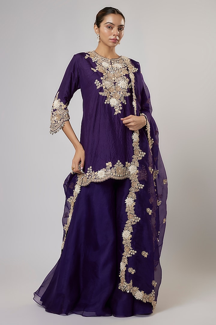 Dark Purple Organza Wedding Sharara Set by Prisho at Pernia's Pop Up Shop