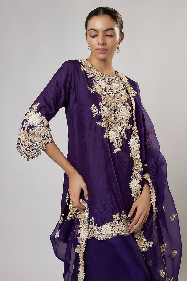 Dark Purple Organza Wedding Sharara Set by Prisho at Pernia's Pop Up Shop