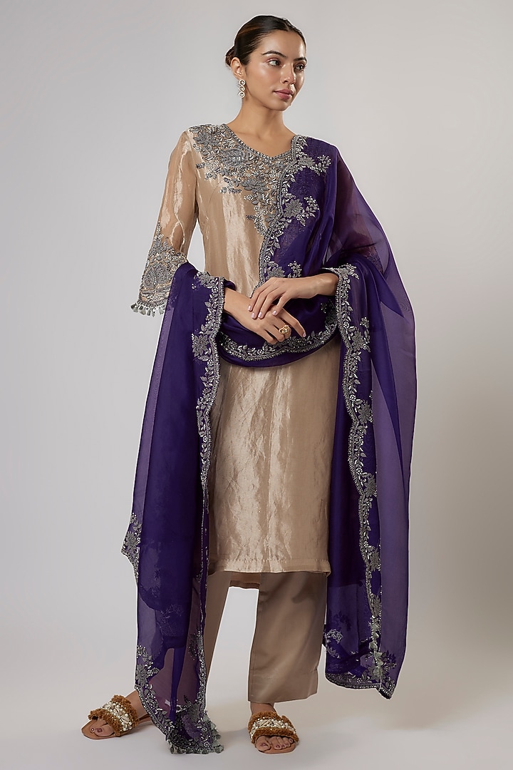Champagne Tissue Antique Work Kurta Set by Prisho at Pernia's Pop Up Shop