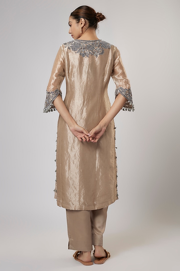 Champagne Tissue Antique Work Kurta Set by Prisho at Pernia's Pop Up Shop