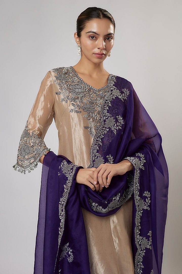 Champagne Tissue Antique Work Kurta Set by Prisho at Pernia's Pop Up Shop
