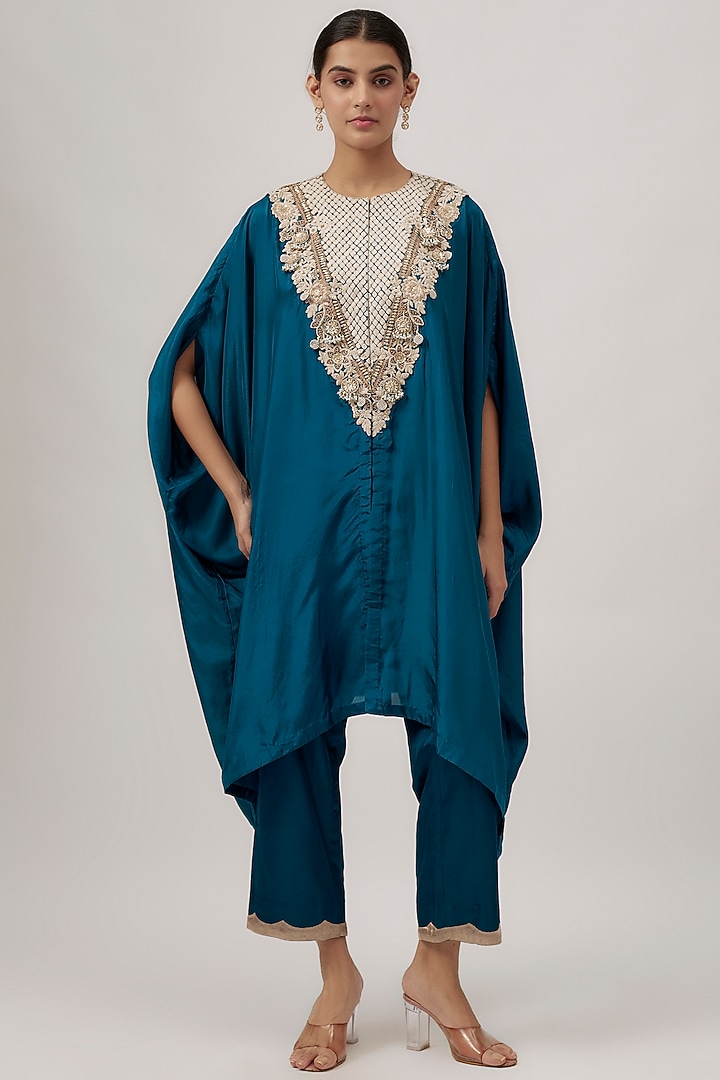 Navy Blue Habutai Silk Resham Work Kaftan Set by Prisho at Pernia's Pop Up Shop