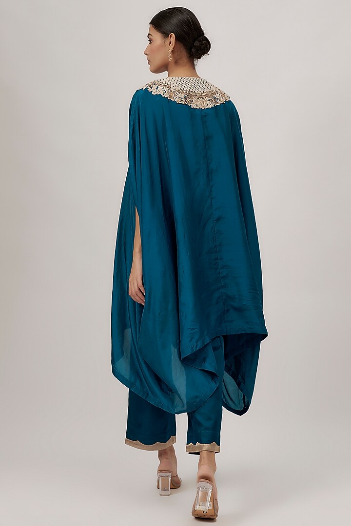 Navy Blue Habutai Silk Resham Work Kaftan Set by Prisho at Pernia's Pop Up Shop