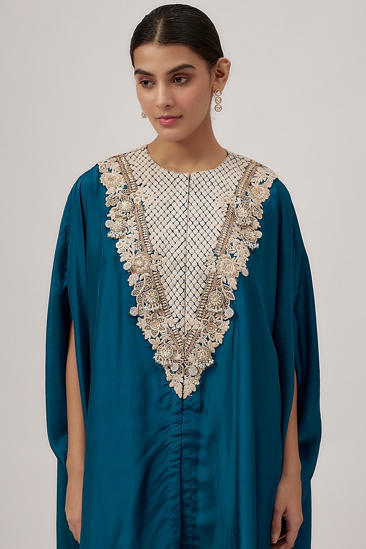Navy Blue Habutai Silk Resham Work Kaftan Set by Prisho at Pernia's Pop Up Shop