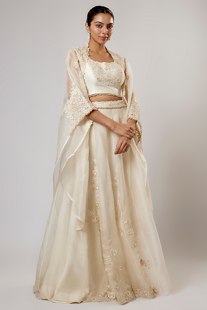 Ivory Organza Resham Work Cape Set by Prisho at Pernia's Pop Up Shop