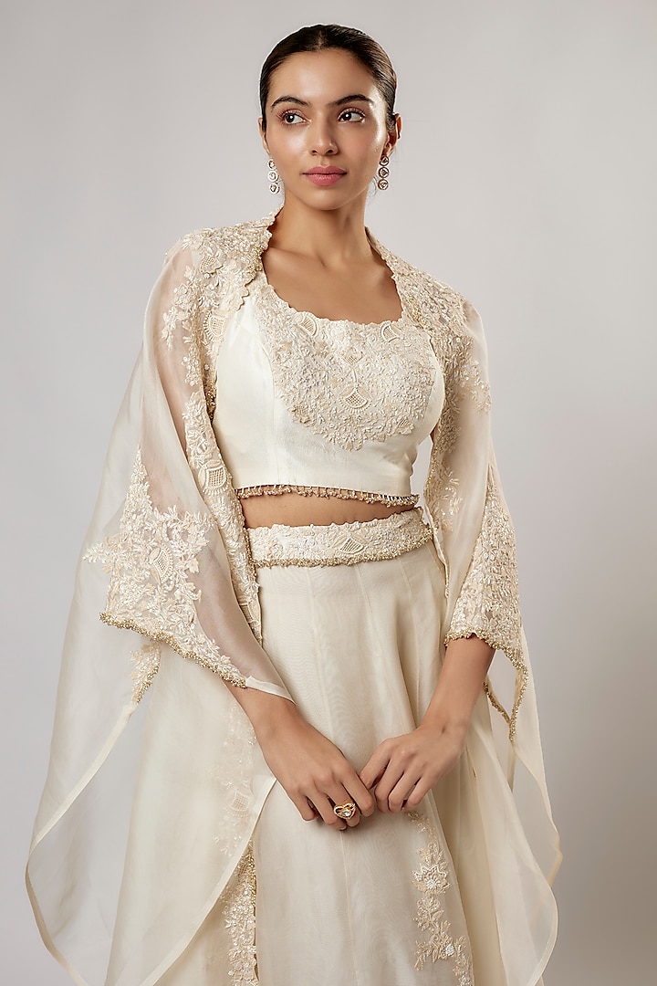 Ivory Organza Resham Work Cape Set by Prisho at Pernia's Pop Up Shop
