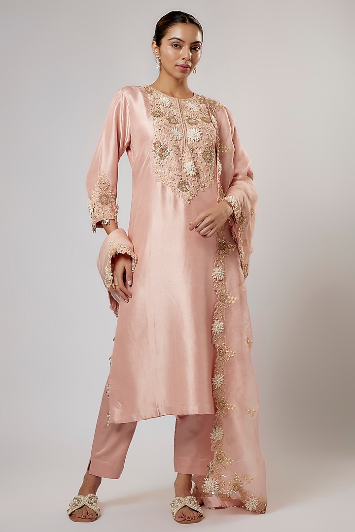 Flamingo Pink Silk Resham Work Kurta Set by Prisho at Pernia's Pop Up Shop