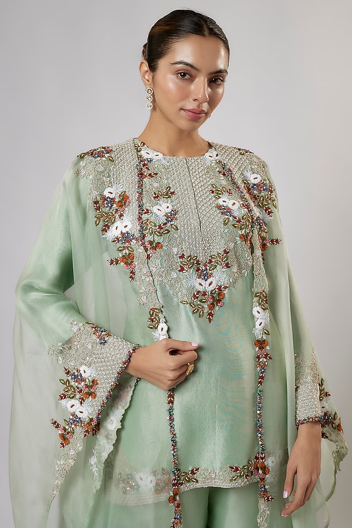 Aqua Organza Thread Work Cape Set by Prisho at Pernia's Pop Up Shop