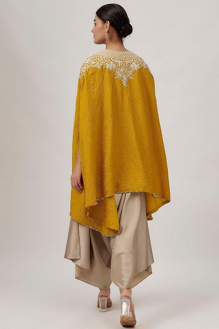 Mustard Crushed Silk Resham Work Kaftan Set by Prisho at Pernia's Pop Up Shop