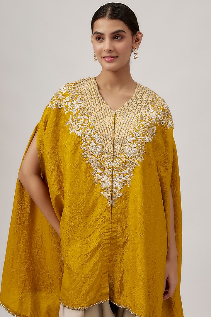 Mustard Crushed Silk Resham Work Kaftan Set by Prisho at Pernia's Pop Up Shop