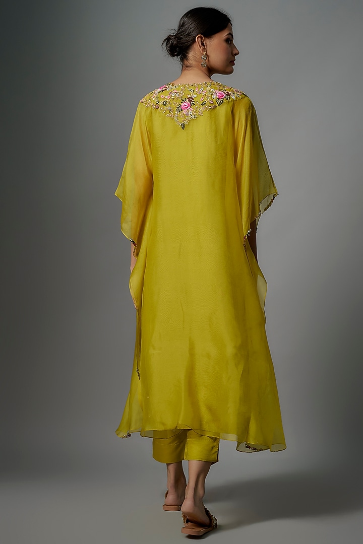 Lime Green Organza Thread Embroidered Kaftan Set by Prisho at Pernia's Pop Up Shop