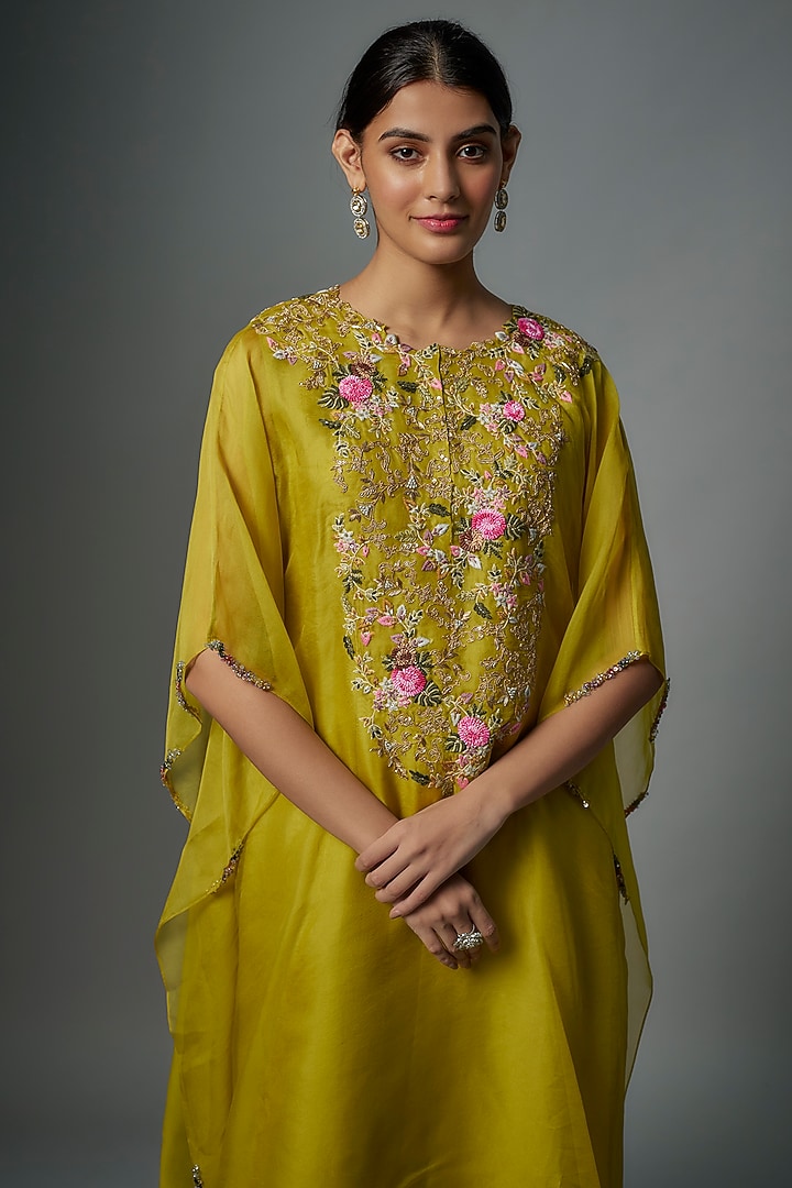 Lime Green Organza Thread Embroidered Kaftan Set by Prisho at Pernia's Pop Up Shop