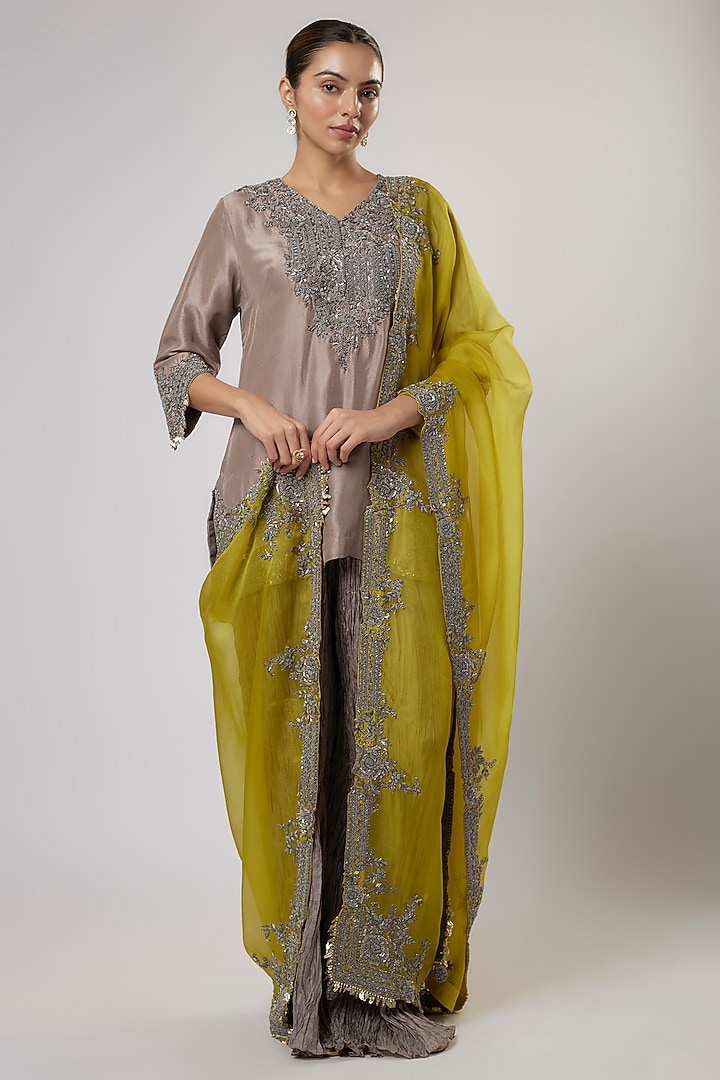 Champagne Silk Zari Work Kurta Set by Prisho at Pernia's Pop Up Shop