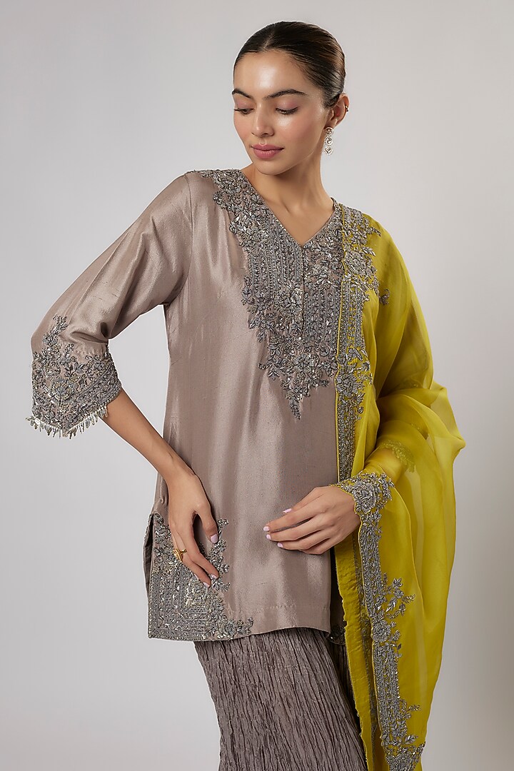 Champagne Silk Zari Work Kurta Set by Prisho at Pernia's Pop Up Shop
