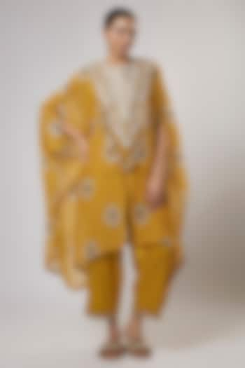 Yellow Chanderi Resham Work & Printed Kaftan Set by Prisho at Pernia's Pop Up Shop