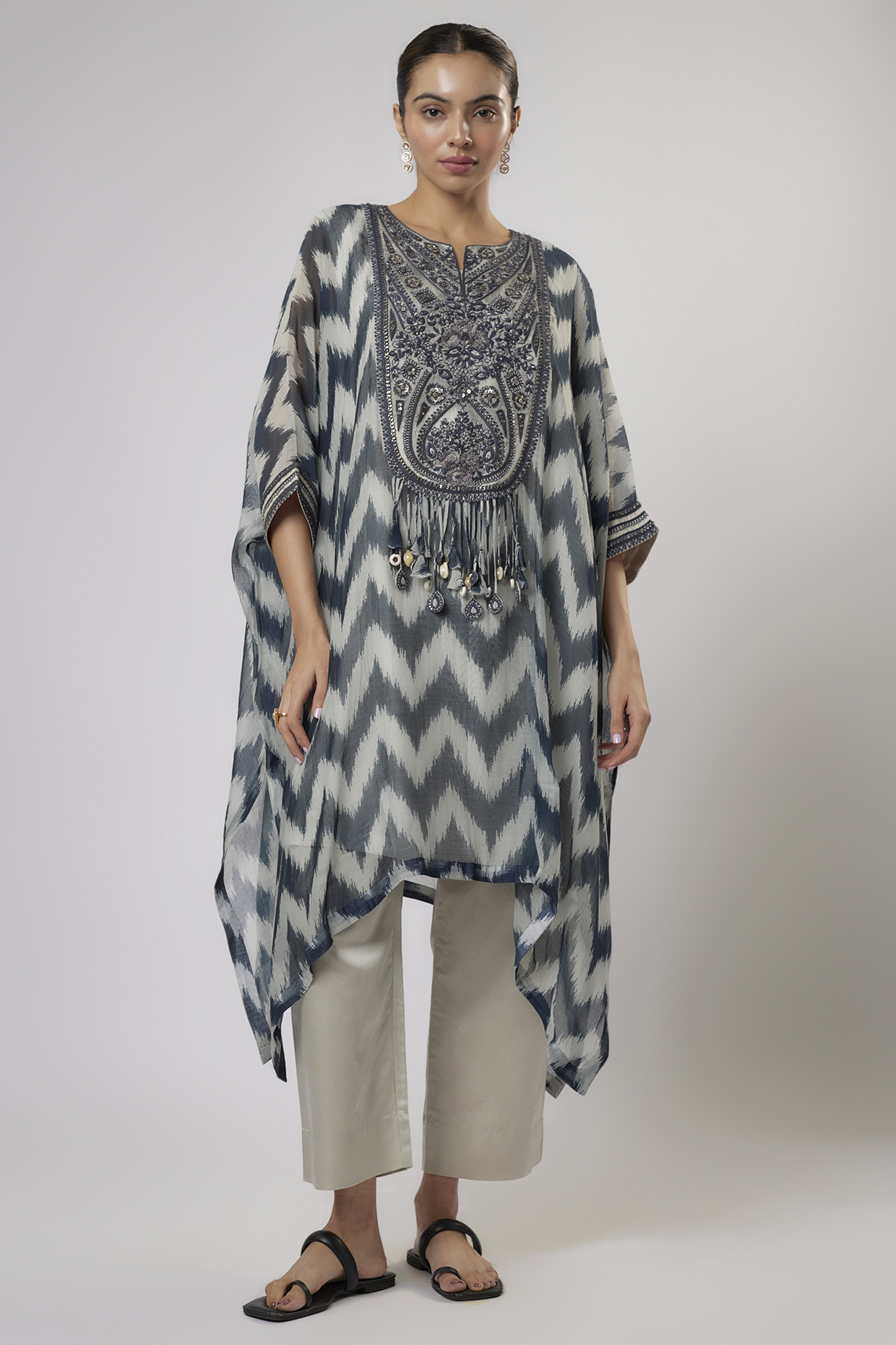 Multi-Colored Chanderi Resham Work & Printed Kaftan Set by Prisho at Pernia's Pop Up Shop