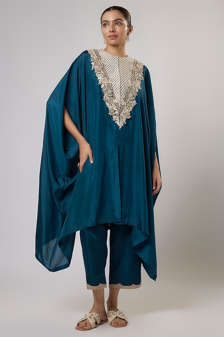 Blue Habutai Silk Resham Work Kaftan Set by Prisho at Pernia's Pop Up Shop