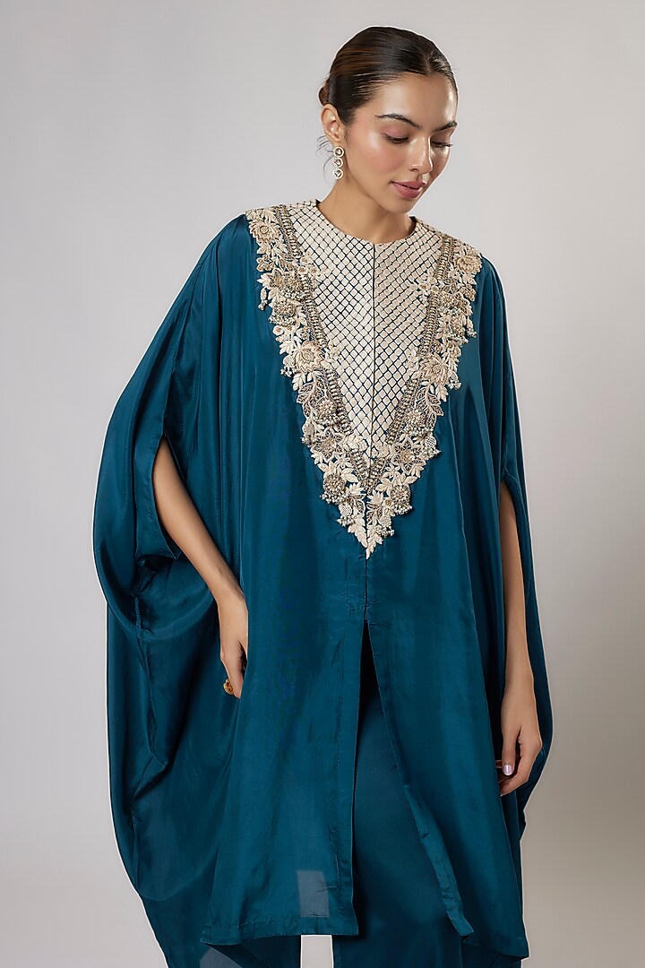 Blue Habutai Silk Resham Work Kaftan Set by Prisho at Pernia's Pop Up Shop