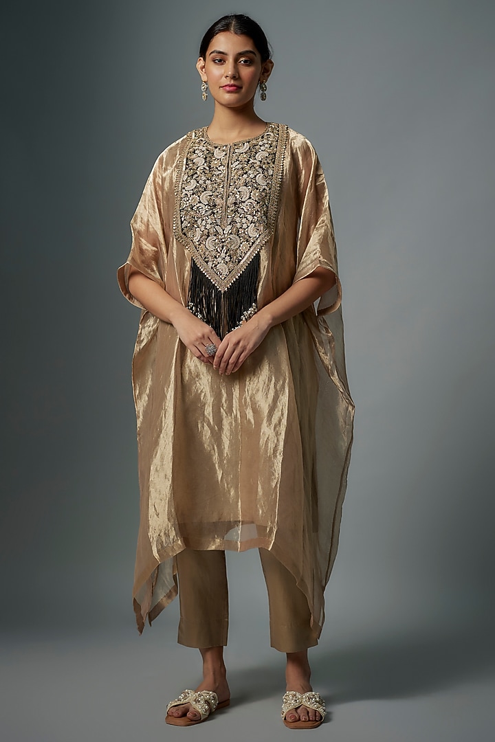 Champagne Tissue Dori & Resham Embroidered Kaftan Set by Prisho at Pernia's Pop Up Shop
