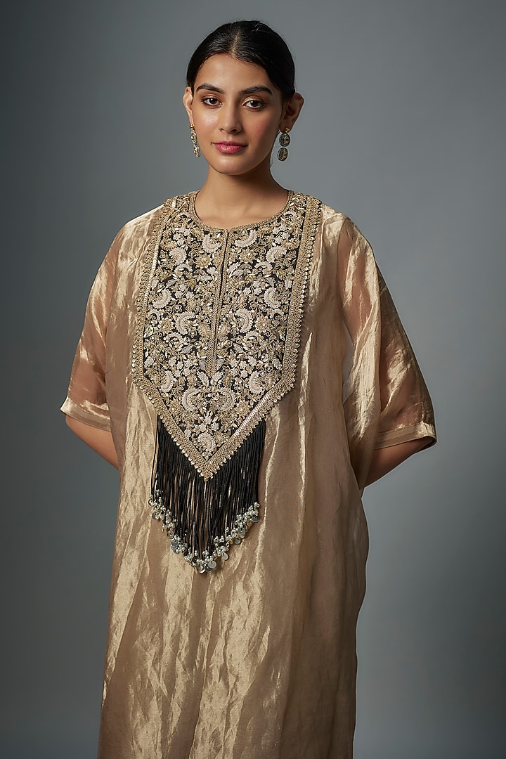 Champagne Tissue Dori & Resham Embroidered Kaftan Set by Prisho at Pernia's Pop Up Shop