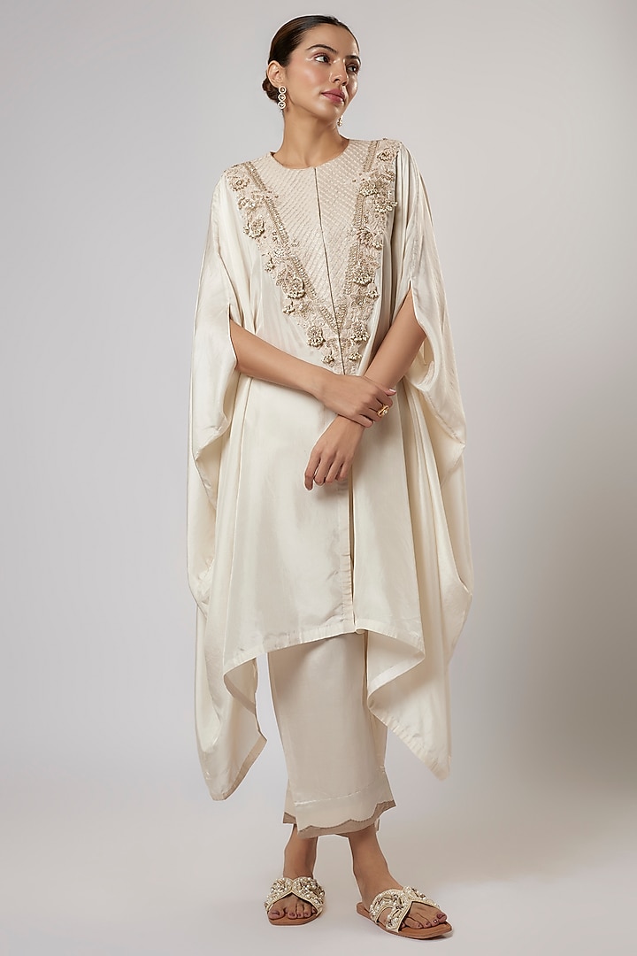 Ivory Habutai Silk Resham Work Kaftan Set by Prisho at Pernia's Pop Up Shop