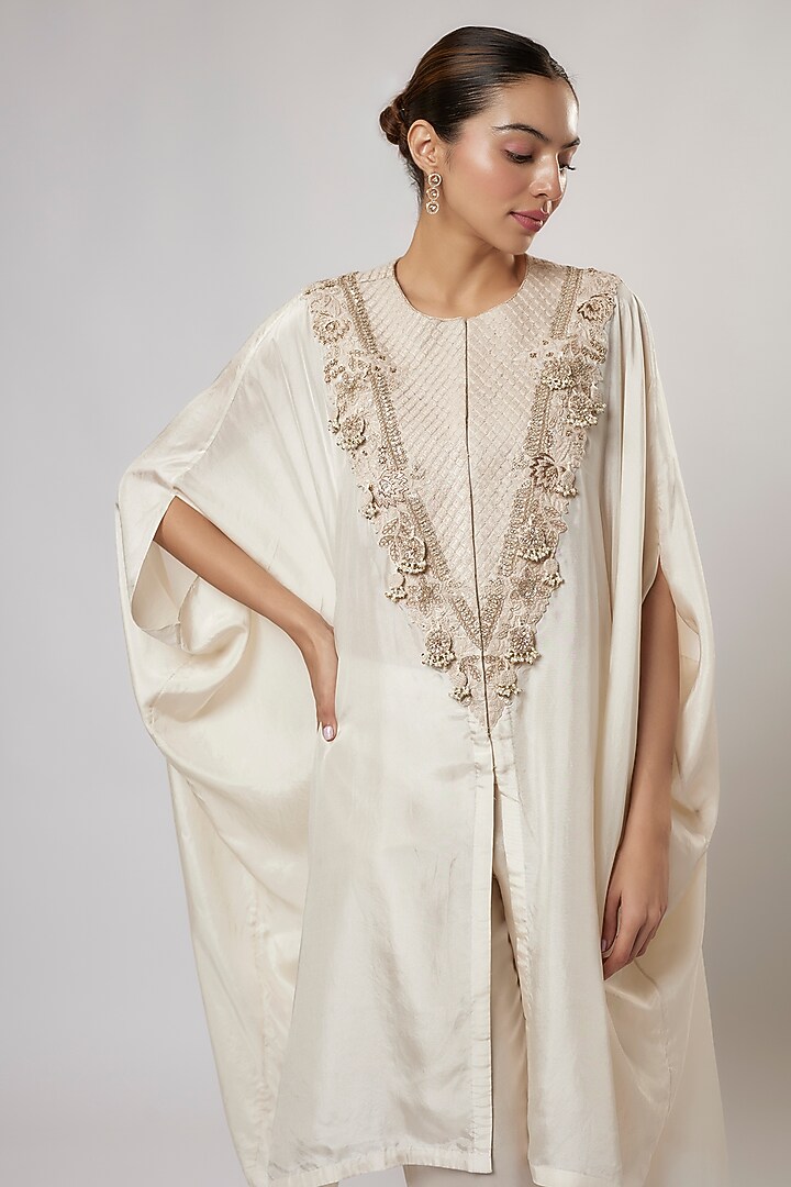 Ivory Habutai Silk Resham Work Kaftan Set by Prisho at Pernia's Pop Up Shop