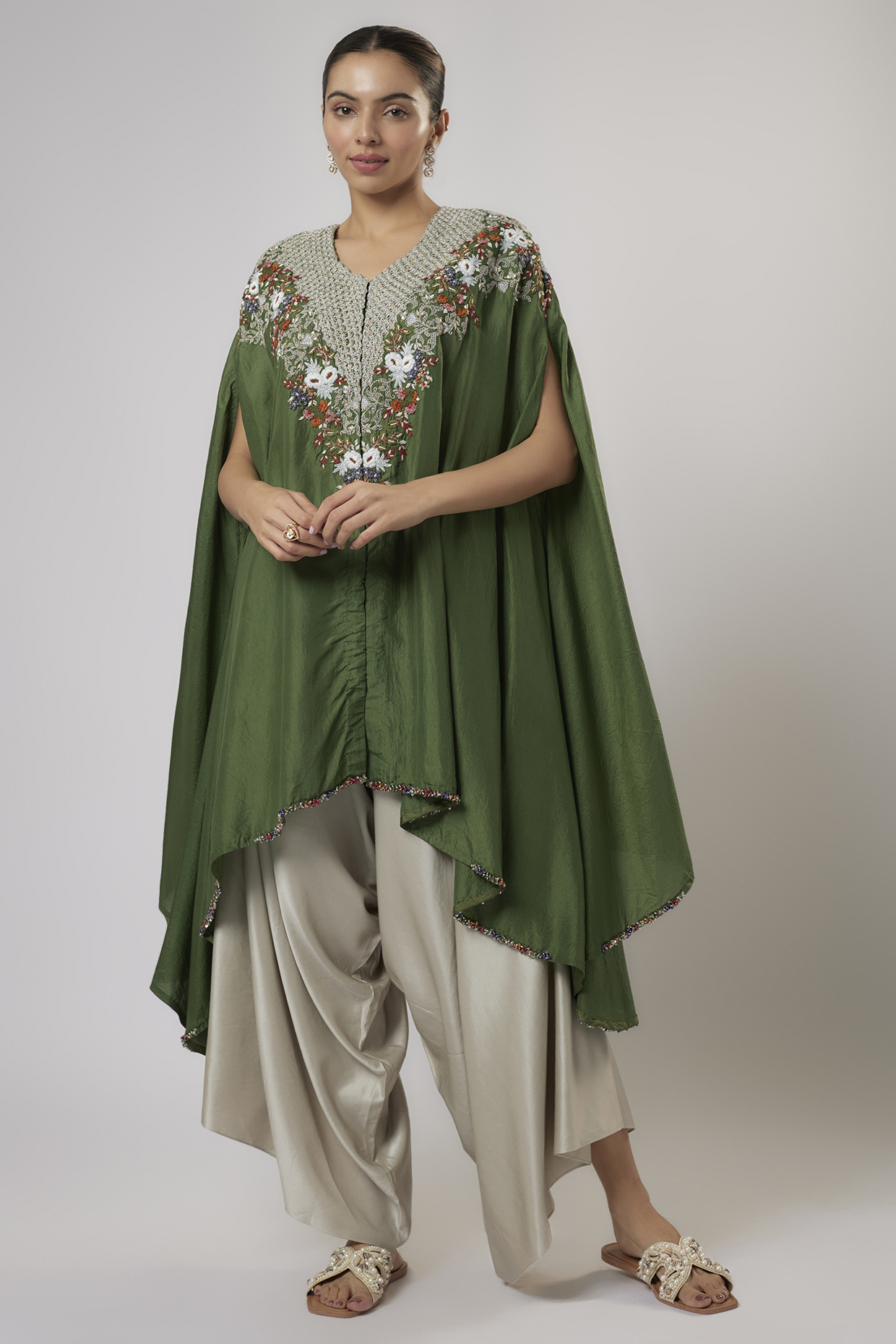 Green Silk Thread Work Kaftan Set by Prisho at Pernia's Pop Up Shop