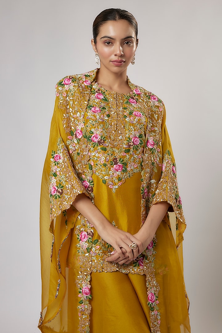 Yellow Organza Thread Work Cape Set by Prisho at Pernia's Pop Up Shop