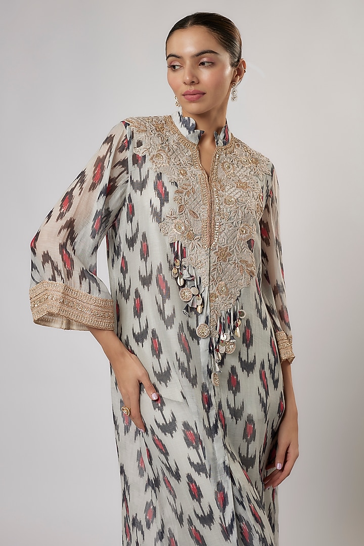 Multi-Colored Chanderi Resham Work & Printed Jacket Set by Prisho at Pernia's Pop Up Shop