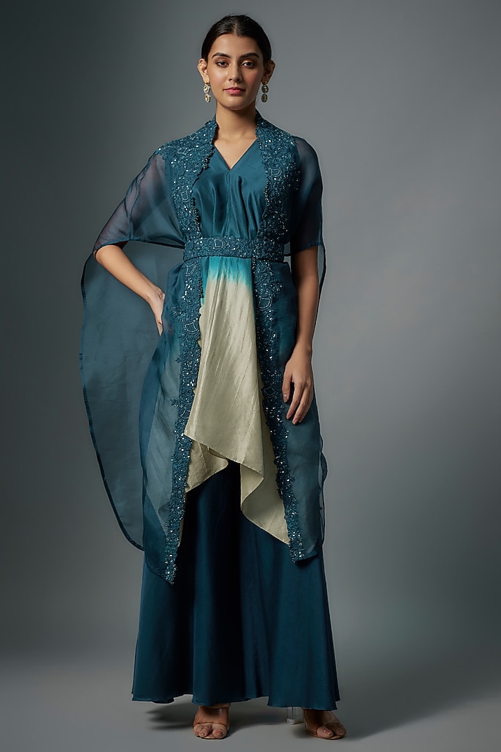 Navy Blue Organza Resham Embroidered Cape Set by Prisho at Pernia's Pop Up Shop