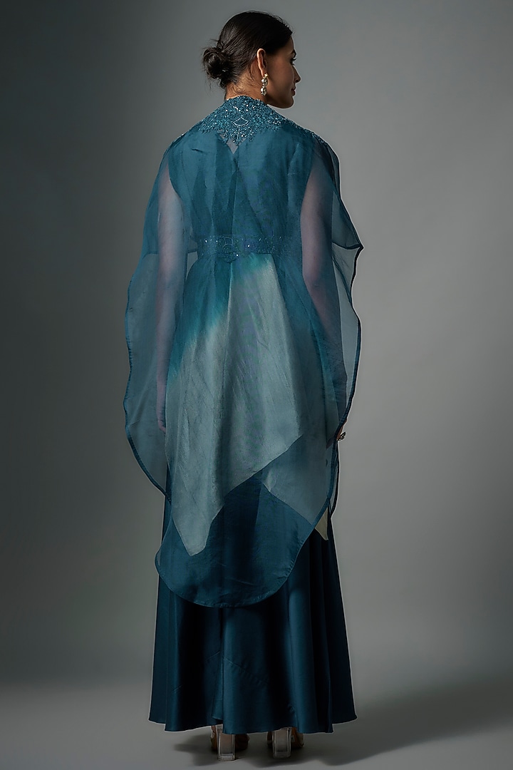 Navy Blue Organza Resham Embroidered Cape Set by Prisho at Pernia's Pop Up Shop
