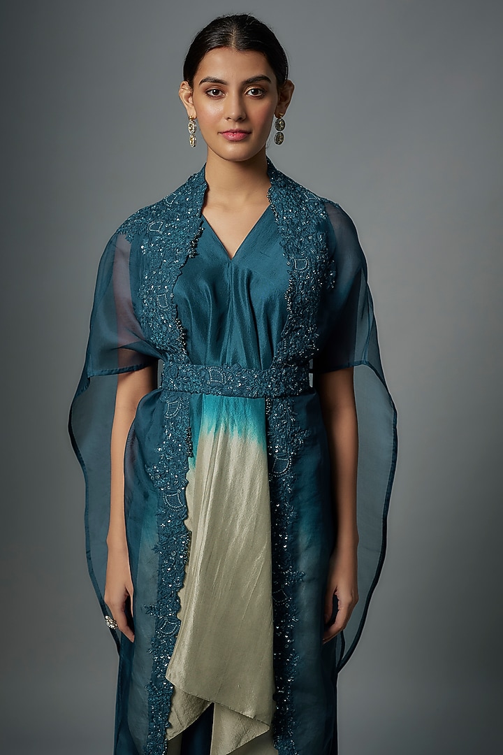 Navy Blue Organza Resham Embroidered Cape Set by Prisho at Pernia's Pop Up Shop