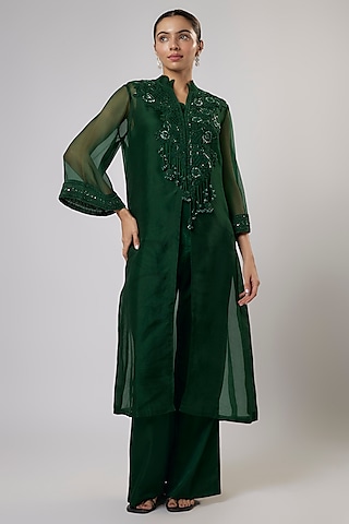 Green Organza Resham Work Jacket Set by Prisho