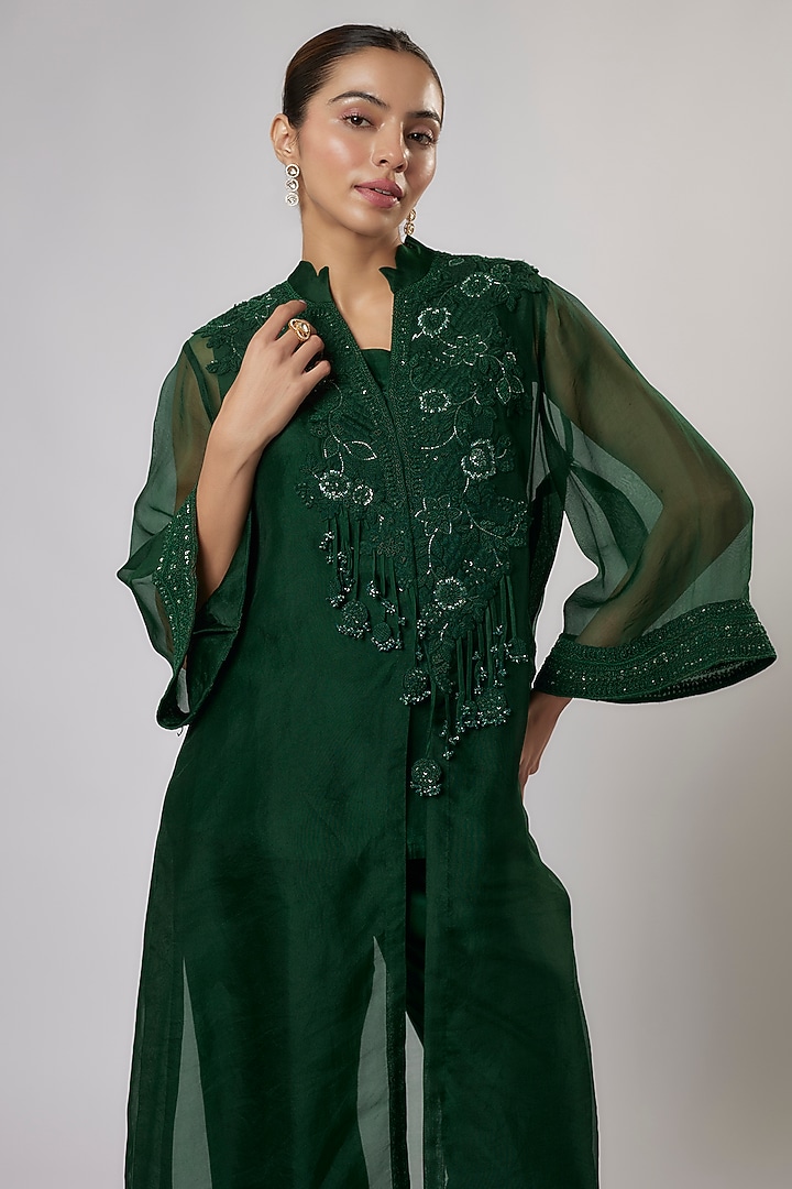 Green Organza Resham Work Jacket Set by Prisho at Pernia's Pop Up Shop