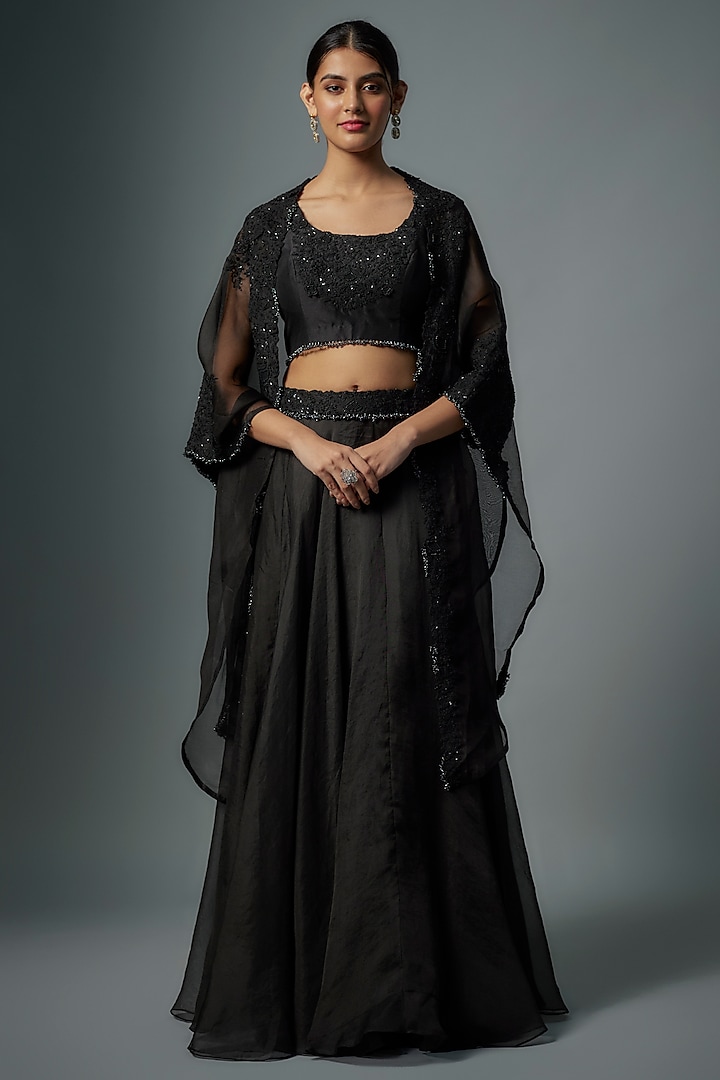 Black Organza Maal Embroidered Cape Set by Prisho at Pernia's Pop Up Shop