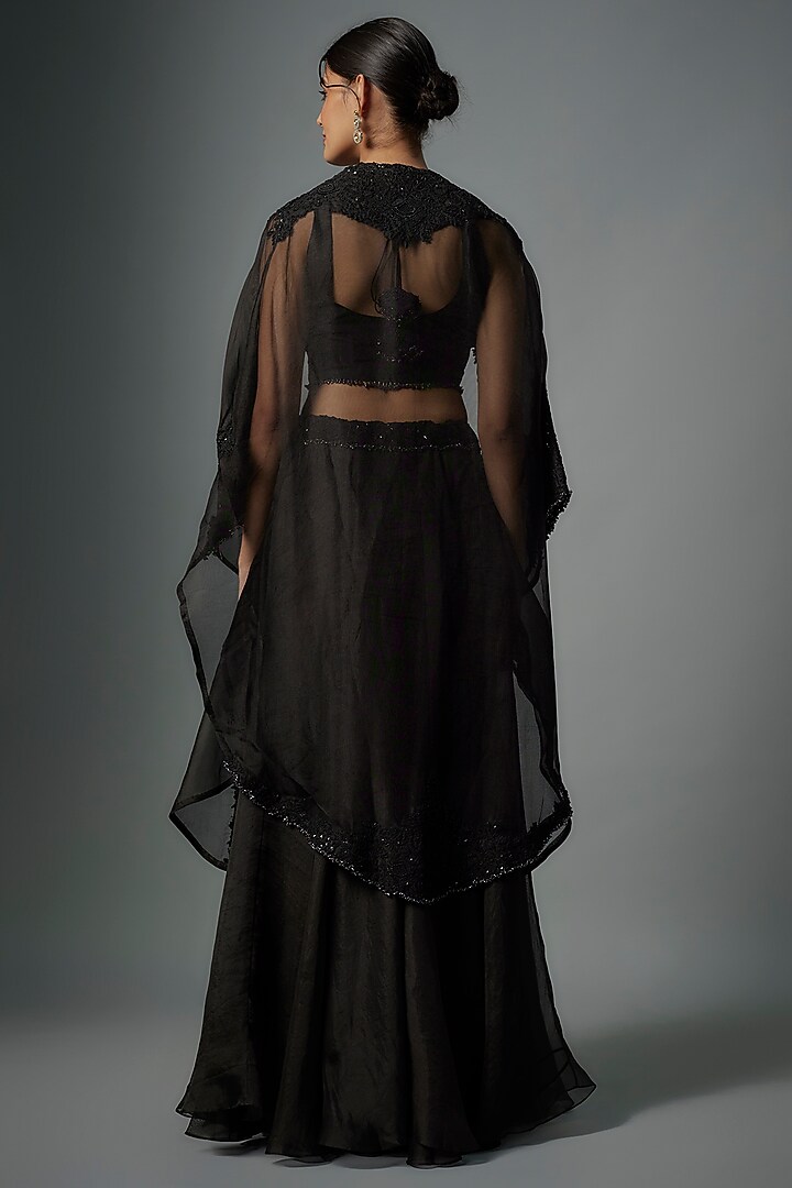 Black Organza Maal Embroidered Cape Set by Prisho at Pernia's Pop Up Shop
