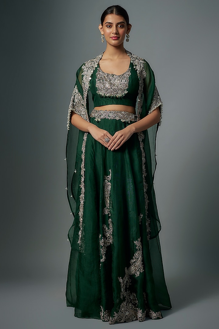 Bottle Green Organza Maal Embroidered Cape Set by Prisho at Pernia's Pop Up Shop