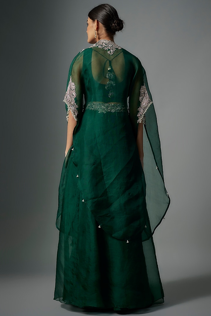Bottle Green Organza Maal Embroidered Cape Set by Prisho at Pernia's Pop Up Shop