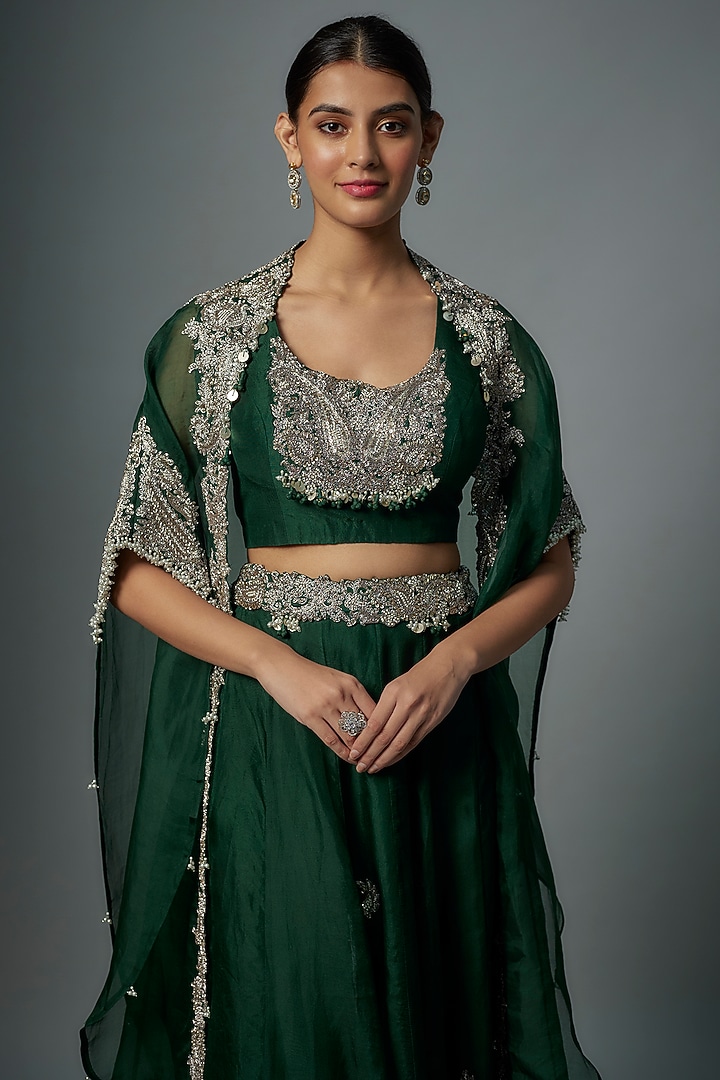 Bottle Green Organza Maal Embroidered Cape Set by Prisho at Pernia's Pop Up Shop