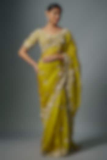 Lime Green Organza Resham Embroidered Reception Saree Set by Prisho at Pernia's Pop Up Shop