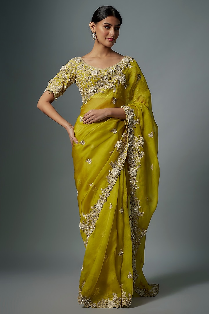 Lime Green Organza Resham Embroidered Reception Saree Set by Prisho at Pernia's Pop Up Shop