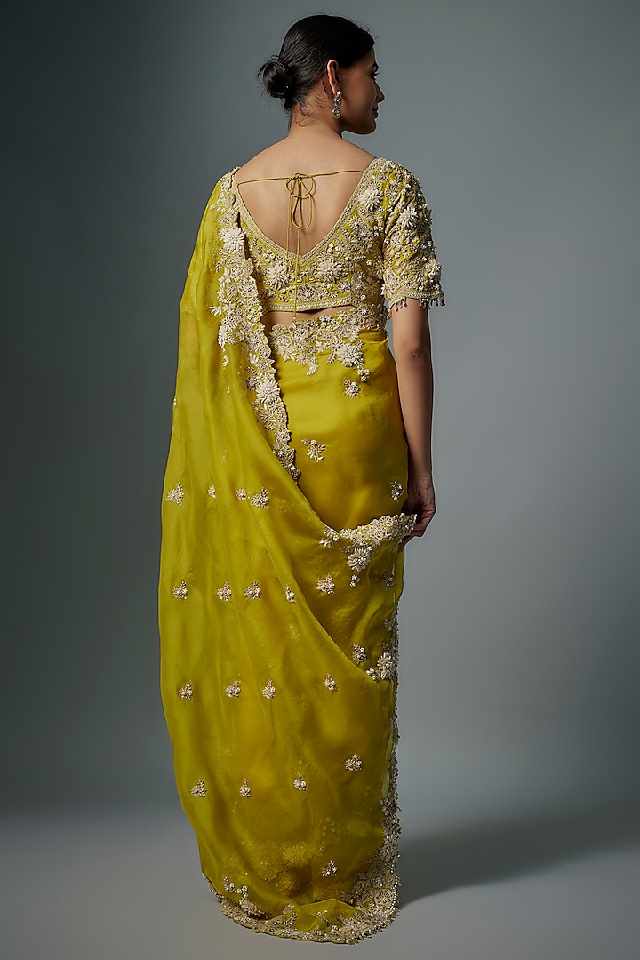 Lime Green Organza Resham Embroidered Reception Saree Set by Prisho at Pernia's Pop Up Shop