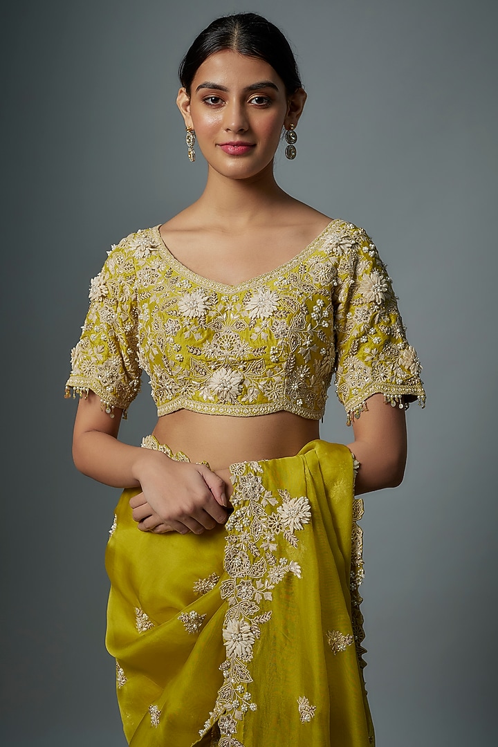 Lime Green Organza Resham Embroidered Reception Saree Set by Prisho at Pernia's Pop Up Shop