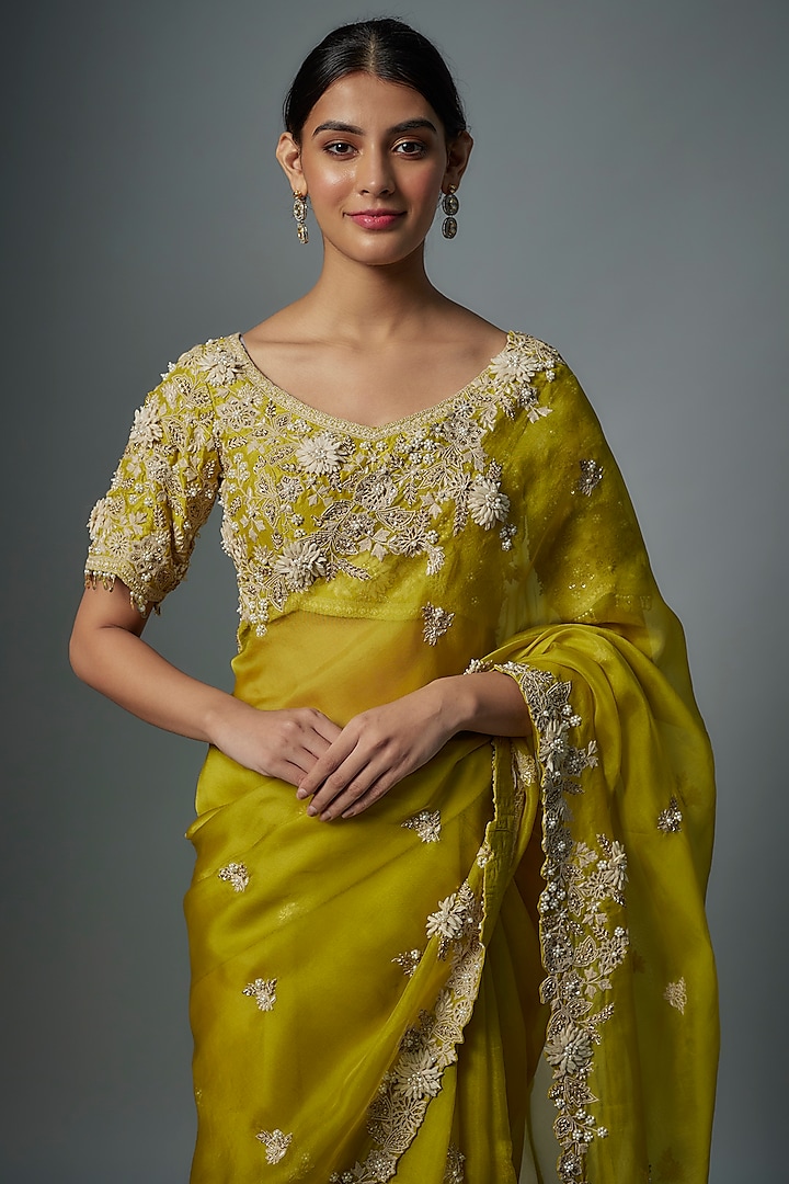 Lime Green Organza Resham Embroidered Reception Saree Set by Prisho at Pernia's Pop Up Shop
