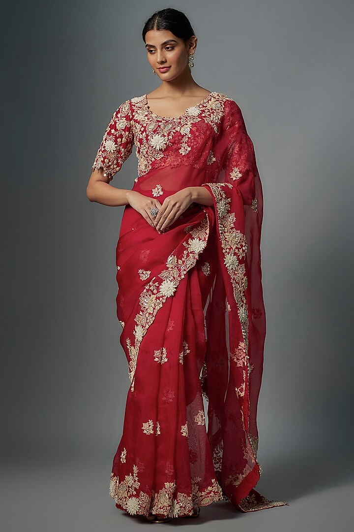 Red Organza Resham Embroidered Reception Saree Set by Prisho at Pernia's Pop Up Shop