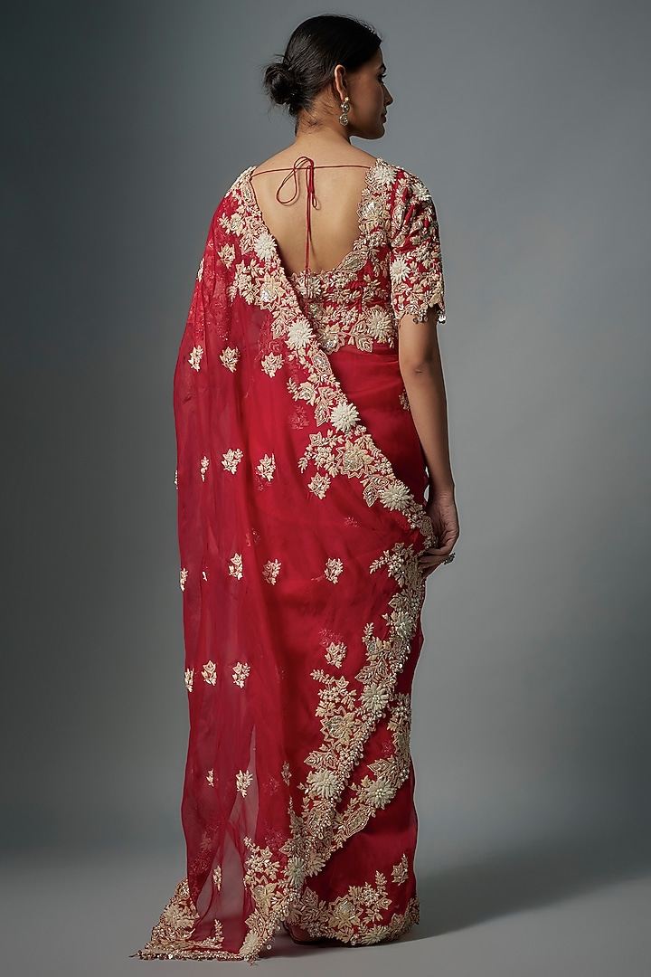 Red Organza Resham Embroidered Reception Saree Set by Prisho at Pernia's Pop Up Shop