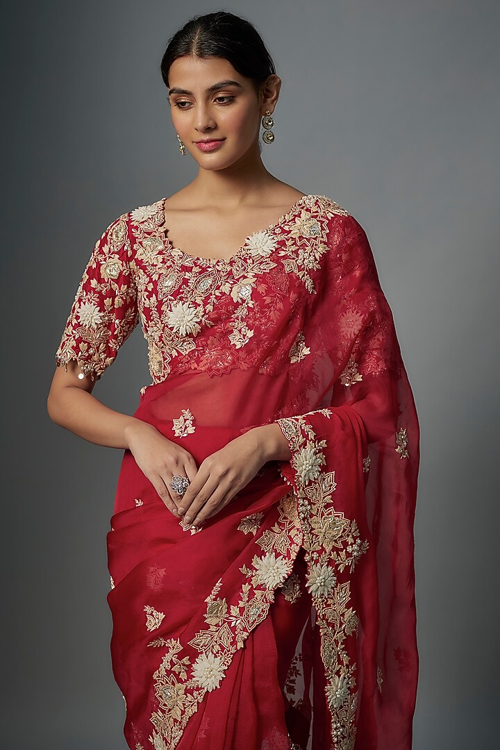 Red Organza Resham Embroidered Reception Saree Set by Prisho at Pernia's Pop Up Shop