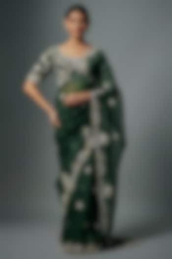 Bottle Green Resham Lampi Embroidered Reception Saree Set by Prisho at Pernia's Pop Up Shop