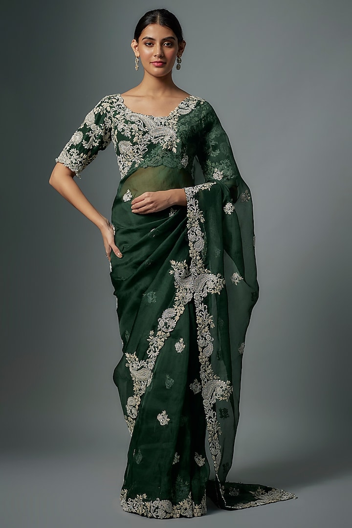 Bottle Green Resham Lampi Embroidered Reception Saree Set by Prisho at Pernia's Pop Up Shop